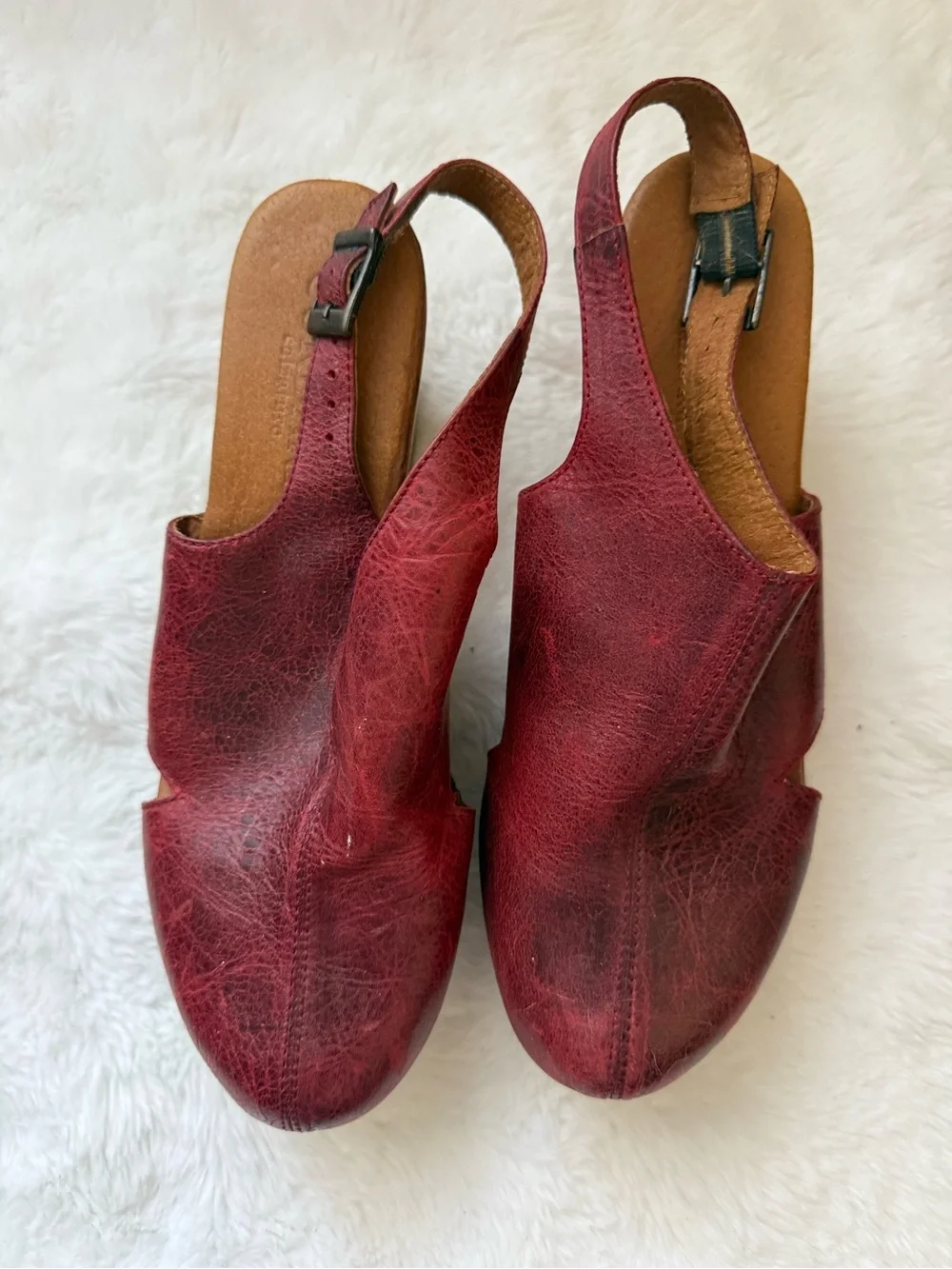 Cordani Burgundy Leather Platform Clogs with Wood-Look Wedge Size 38